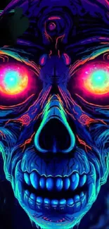 Neon skull art wallpaper with vibrant colors and glowing eye effects.