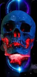 Neon cosmic skull on dark background wallpaper.