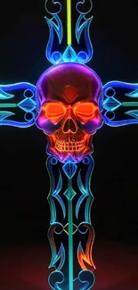 Neon skull and cross design wallpaper for mobile.