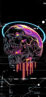 Neon cyber skull with vibrant colors on a black background.