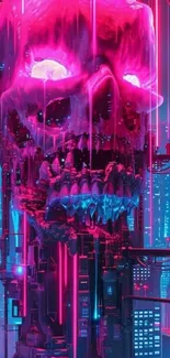 Neon skull hovering over a cyberpunk cityscape