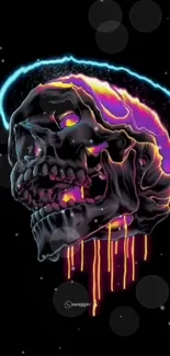 Neon skull on black background, vibrant and colorful mobile wallpaper.