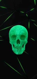 Neon green skull on dark geometric background wallpaper.