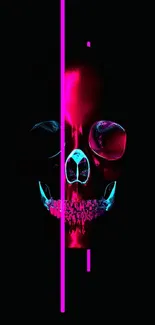 Neon skull in pink and blue on a dark background wallpaper.