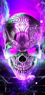 Neon skull design with luminous purple and intricate patterns.