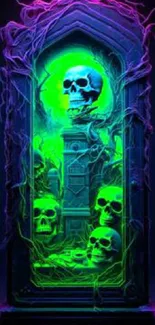 Neon skulls with glowing green light in an eerie art design.