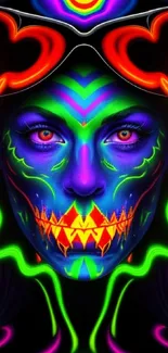 Vibrant neon skull face art with glowing colors, perfect for wallpaper.