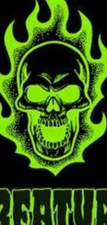 Striking neon green skull with flames on black background wallpaper.