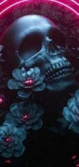 Neon skull surrounded by blue flowers.