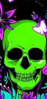 Neon green skull with floral designs and dark background.