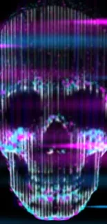 Neon skull glitch art wallpaper with purple and blue hues.