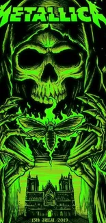 Neon green skull art with gothic design in vibrant detail.