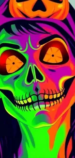 Neon skull with Halloween pumpkin art, vibrant and colorful design.