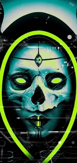 Hooded skull with neon green accents in an atmospheric art style.