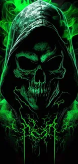 Neon green hooded skull with fiery flames background.