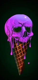 Neon skull ice cream cone with purple hues on a dark background.