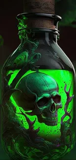 Green neon skull encased in a dark glass bottle.