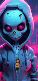 Skull in blue hoodie with neon pink highlights.