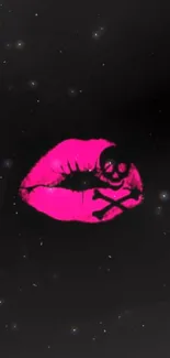 Neon pink skull lips on dark background wallpaper.