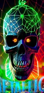 Neon skull with vibrant colors and metal text on a digital wallpaper.