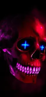 Neon pink skull with glowing blue eyes on a dark background.