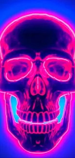 Neon skull glowing in electric blue and pink hues on a dark background.