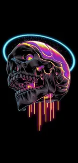 Neon skull with vibrant colors and digital design on a black background.