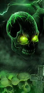 Eerie green skull with glowing eyes, mist, and tombstones in background.