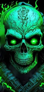 Neon green skull with glowing eyes on wallpaper.