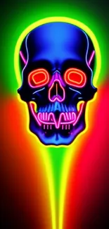 Neon skull glowing on a vibrant wallpaper.