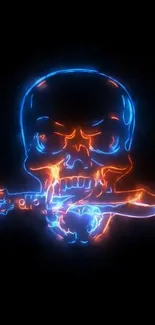 Neon skull with glowing sword, blue and orange on black background.