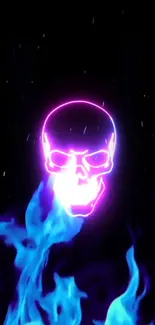 Neon skull with blue flames on a dark background.