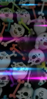 Neon skulls and crossbones wallpaper with colorful accents.