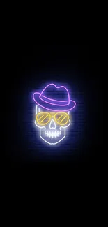 Colorful neon skull with a hat on a black background.