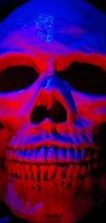 Neon red skull with blue highlights against a dark background.