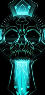 Neon teal skull design mobile wallpaper with glowing accents.