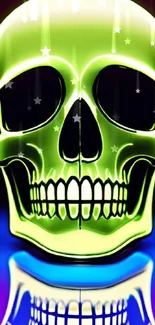 Neon green skull on a vibrant, colorful background.