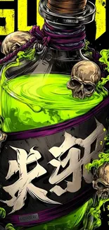 Neon green potion bottle with skulls and artistic design.