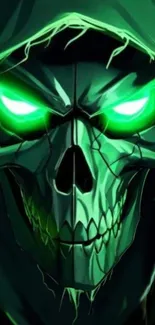 Neon green skull with glowing eyes on a dark background.