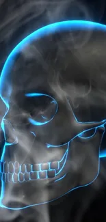 Edgy neon skull with blue glow and smoke on a dark background.