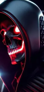 Hooded skull with neon red eyes and mouth in futuristic design.