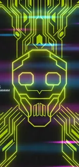 Neon yellow skull with tech lines background image.