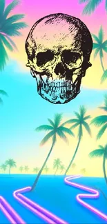 Neon skull with palm trees and sunset in vibrant tropical art.