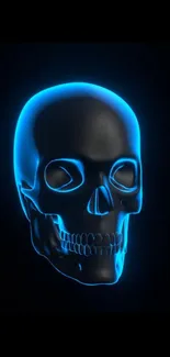 Neon blue glowing skull on dark backdrop.