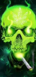 Neon green skull with cannabis leaf and smoke.