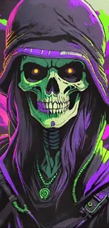 Neon skull warrior in vibrant colors.