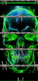 Neon green skull with barbed wire design.