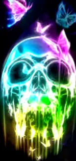 Neon skull with bright butterflies in a dark backdrop.