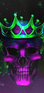 Vibrant neon skull with glowing green crown on dark background.