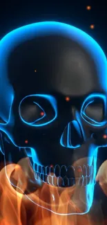 Neon skull with a fiery glow on a dark background.